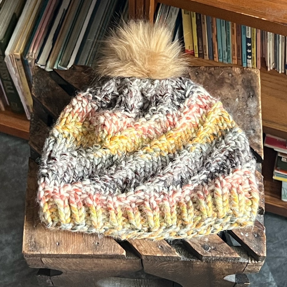 Knit Handmade Pastel Winter Hat with Fur Pom Pom Women’s Large